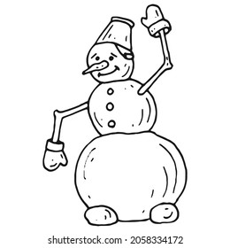 hand drawn cheerful snowman who waves his hand in doodle style.