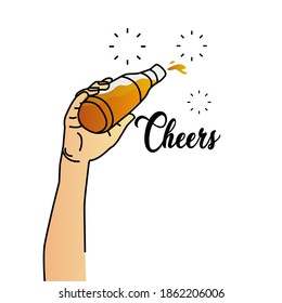 Handgezeichnete Hand, die eine Flasche hält Bierdesign einzeln auf weißem Hintergrund