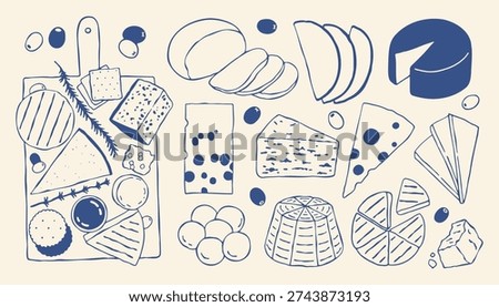Hand drawn cheese and appetizer vector set in Mediterranean style. Collection of sliced cheese, brie, parmesan, crackers, olives. Perfect for restaurant menu, deli branding, packaging, gourmet design