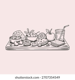 Tablero De Queso Dibujado A Mano Con Aceitunas, Fruta Y Jugo De Galletas