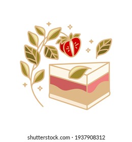 Hand drawn cheese cake, pastry, bakery and cafe logo elements with chocolate, floral leaf and strawberry fruit isolated on white background