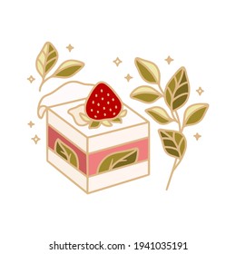 Hand drawn cheese cake, pastry, bakery and cafe logo elements with chocolate, floral leaf and strawberry fruit isolated on white background