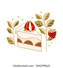 Hand drawn cheese cake, pastry, bakery and cafe logo elements with chocolate, floral leaf and strawberry fruit isolated on white background