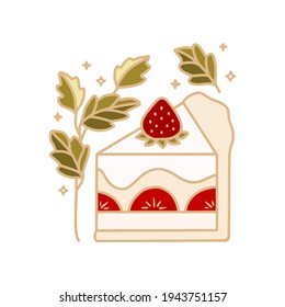 Hand drawn cheese cake, pastry, bakery and cafe logo elements with chocolate, floral leaf and strawberry fruit isolated on white background