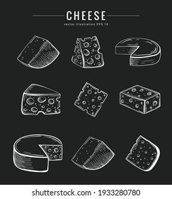 Hand drawn cheese collection. Different types of cheese. Chalk style vector illustration. Cheddar, parmesan, brie, dairy snack. Outline illustration, chalkboard sketch style. 
