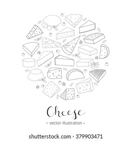 Hand drawn cheese composed in circle shape. Gorgonzola, grana padano, comte, robiola, emmental, munster, mozzarella, edam, feta, parmesan.