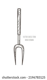 Horquilla de queso dibujada a mano sobre fondo blanco. Icono del vector. Utensil de cocina para poner carne y salchichas en la parrilla. Elemento de arte decorativo para el diseño de menús de cafés, diseño publicitario. Esbozo de contorno.