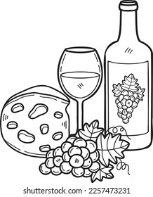 Hand Drawn Cheese and grape wine illustration in doodle style isolated on background