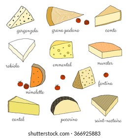 Hand drawn cheese isolated on white background. Set 2. Gorgonzola, grana padano, comte, robiola, emmental, munster, mimolette, fontina, cantal, pecorino, saint-nectaire.