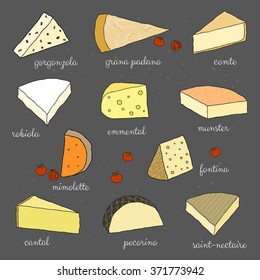 Hand drawn cheese isolated on the blackboard. Gorgonzola, grana padano, comte, robiola, emmental, munster, mimolette, fontina, cantal, pecorino, saint-nectaire.