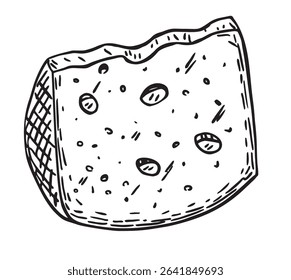 Hand drawn cheese. Maasdam. Triangle piece of cheese with holes, monochrome hand sketch. Dairy product. Vintage gravel style. Vector illustration isolated on white background