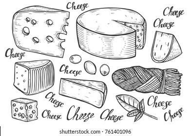 Hand drawn Cheese organic milk butter fresh food vector illustration set