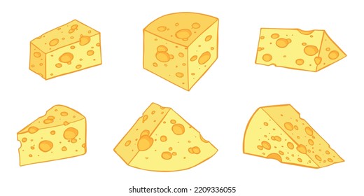 Hand drawn cheese parts and slices isolated on a white background. Cheese icon. Vector cheese clipart