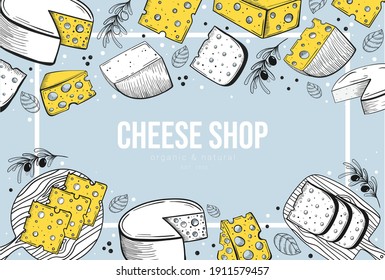 Marco de la plantilla de la pancarta con el conjunto de queso dibujado a mano con letras. Estilo de esbozo, ilustración colorida de diferentes tipos de queso con aceitunas y albahaca. Colores azul claro, amarillo y blanco. Productos lácteos