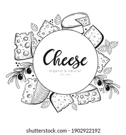 Marco circular de queso dibujado a mano con letras. Estilo de esbozo, ilustración esquemática de diferentes tipos de queso con aceitunas y albahaca. Ilustración vectorial de productos lácteos.

