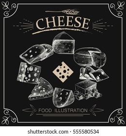 Handgezogener Käse einzeln auf Kreidebrett. Vektorgrafik-Illustrator für Käseelemente. Retro-Stil
