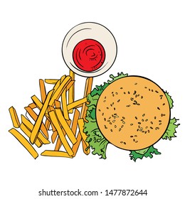 Hand drawn cheeseburger with fried potatoes.  Sketch humburger with lettuce. american food.