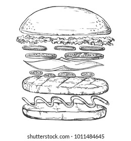 Cheeseburger desenhado à mão ou Hamburger. Esboço Vetor illation.Unhealthy food. Desenho animado. Decoração para menus, placas de sinalização, vitrines, cartões de saudação, cartazes, papéis de parede