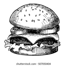 Hand drawn Cheeseburger or Hamburger. Sketch Vector illustration.