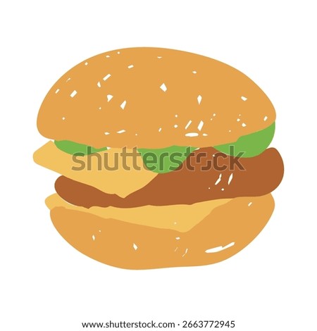 Hand Drawn Cheeseburger Icon. Playful burger Fast Food Vector illustration in crayon and chalk sketch with grunge texture for cafe designs and menus.