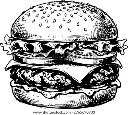 Hand Drawn Cheeseburger Illustration Black and White, Vintage Engraving Style Fast Food Isolated on White Background