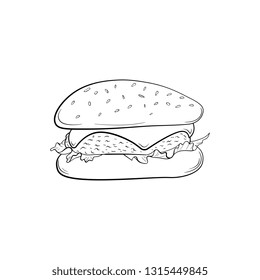 Hand drawn cheeseburger  illustration. Doodle art. Food icon.