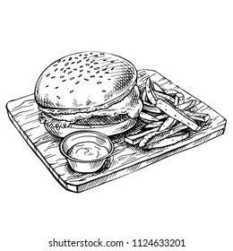 Hand drawn cheeseburger on wood.  Sketch Big humburger with cutlets, cheese, tomatoes, lettuce. american food.