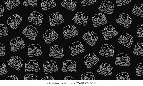 Hand drawn cheeseburger seamless pattern on black board background. Hamburger motif, packaging, wrapper, wallpaper