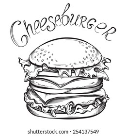 Hand drawn of Cheeseburger. Sketch Vector illustration.