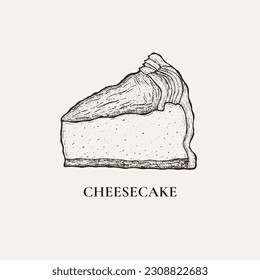 Hand drawn cheesecake illustration. Cheesecake element for logo design, brand, packaging.