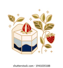 Hand drawn cheesecake, pastry, bakery and cafe logo elements with botanical floral leaf branch, blue wave, and strawberry fruit isolated on white background