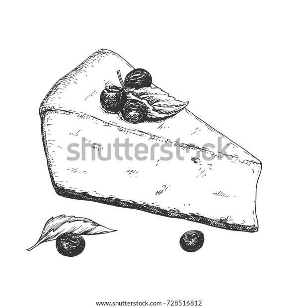 白い背景に手描きのチーズケーキとベリーと葉 白黒のドラフトスケッチ ビンテージベクターイラスト のベクター画像素材 ロイヤリティフリー