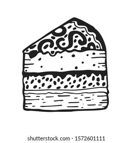 Hand drawn cheesecake piece with cream. Black and white sketch isolated on white background. Vector illustration.