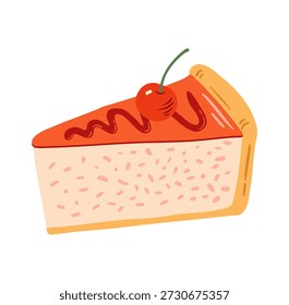Hand drawn cheesecake slice with fruit topping and cherry vector illustration.  
