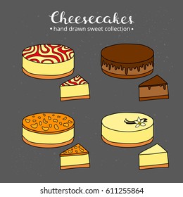 Hand drawn cheesecakes with different flavors isolated on chalkboard background.