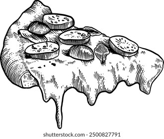 Hand drawn Cheesy Pepperoni Pizza Slice Sketch Illustration