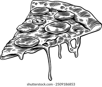 Desenhado à mão Cheesy Pepperoni Pizza Slice Sketch Ilustração Gravura Woodcut Estilo vintage