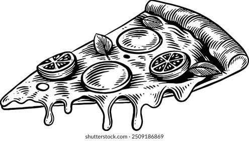 Hand drawn Cheesy Pepperoni Pizza Slice Sketch Illustration Engraving Woodcut Vintage Style