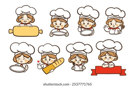 Hand Drawn Chef Bakery Collection. Set of 8 hand-drawn chef illustrations with bakery items, ideal for culinary, food, and pastry-themed designs