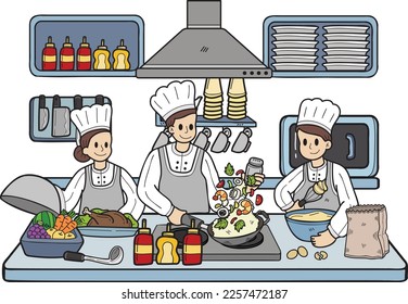 El chef Hand Drawn está cocinando en la ilustración de la cocina al estilo de doodle aislado en el fondo