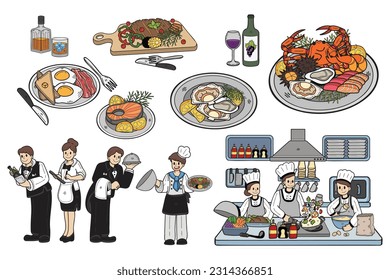 Hand Drawn chef with food collection in flat style illustration for business ideas isolated on background