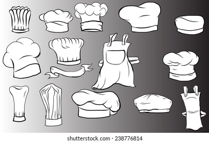 Hand drawn chef hat vector set.skatch design and pencil draw assetsary of chef. a set of cooking and kitchen.White Helmet and cooking suit.