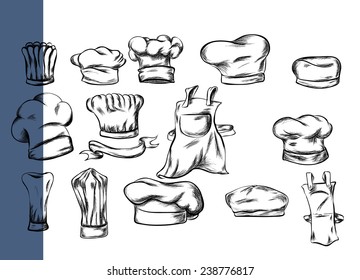 Hand drawn chef hat vector set.skatch design and pencil draw assetsary of chef. a set of cooking and kitchen.White Helmet and cooking suit.