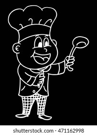 Hand drawn chef holding a ladle on black background