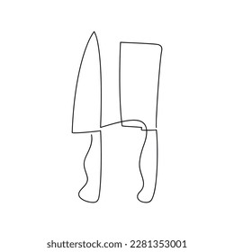 Hand drawn chef knife set vector one line continuous drawing illustration. Kitchen utensils linear silhouette. Cooking supplies icon. Outline design, print, banner, card, brochure, poster, menu.