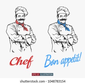 Hand drawn chef. Smiling male character. Bon appetit lettering. Engraved style vector illustration. Template for your design works.