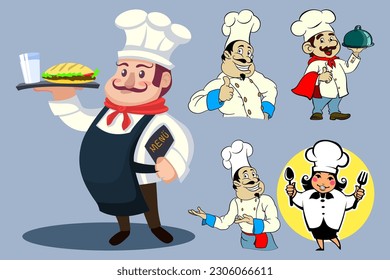 hand drawn chefs. master of doner and shawarma. cartoon characters. for advertising for booklets or logos. Turkish Caucasian cuisine. 