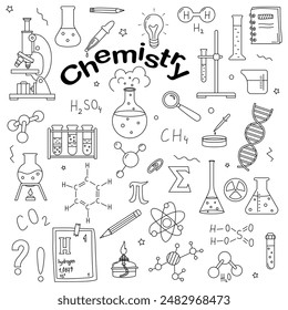 Hand drawn chemical elements, equipment and devices. Chemical symbols in doodle style for cover design, notebooks, textbooks, notepads. School poster or banner for chemistry lesson