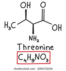 Hand drawn chemical molecular formula of amino acid Threonine in doodle style isolated.