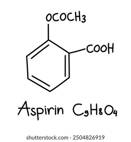 Hand drawn chemical structural formula of aspirin, also known as acetylsalicylic acid, a medical anti inflammatory drug used to reduce pain, fever, and or inflammation. Chemical formula C9H8O4.